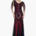 1920s Art Deco Sequin Maxi Dress, Vintage Flapper Gatsby Style, V-Neck with Tulle Sleeves, Long Evening Formal Gown, Medium, Burgundy 