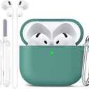 Compatible with AirPods 4 Case 2024 with Cleaner Kit,Silicone Protective Case for Apple AirPods 4th Generation with Anti-Lost Rope for Women Men,AirPod Case Accessories with Keychain,Pine Green