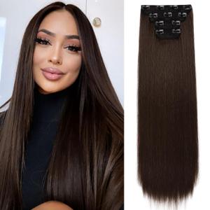 REECHO 24" Long Straight Thick Clip in on Hair Extensions 4 Pieces Set Chocolate Deep Brown