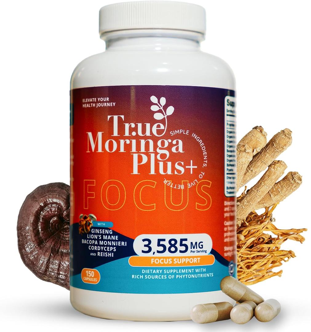 True Moringa Plus+ Focus Support Supplement 10:1 Extract | 20,000mg of Organic Moringa, Reishi, Cordyceps, Lions Mane, Ashwagandha, Bacopa Monnieri | Memory & Brain Health for Adults (150 Capsules) True Moringa Plus+ Focus Support Supplement 10:1 Extract | 20,000mg of Organic Moringa, Reishi, Cordyceps, Lions Mane, Ashwagandha, Bacopa Monnieri | Memory & Brain Health for Adults (150 Capsules)