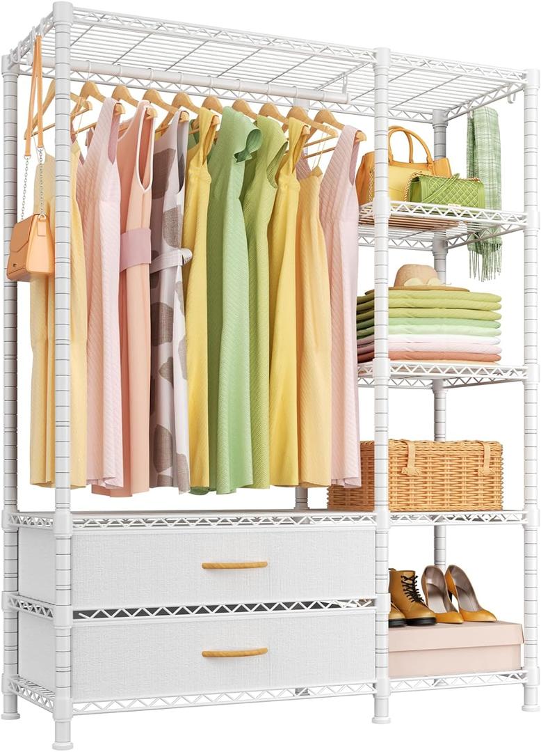 Ulif F3 Heavy Duty Clothes RackWith Fabric DrawersFreestanding Clothing Racks for Hanging ClothesAdjustable Closet Organizer SystemPortable Garment Rack 40" W x 15" D x 72" HMax Load 700LBSWhite