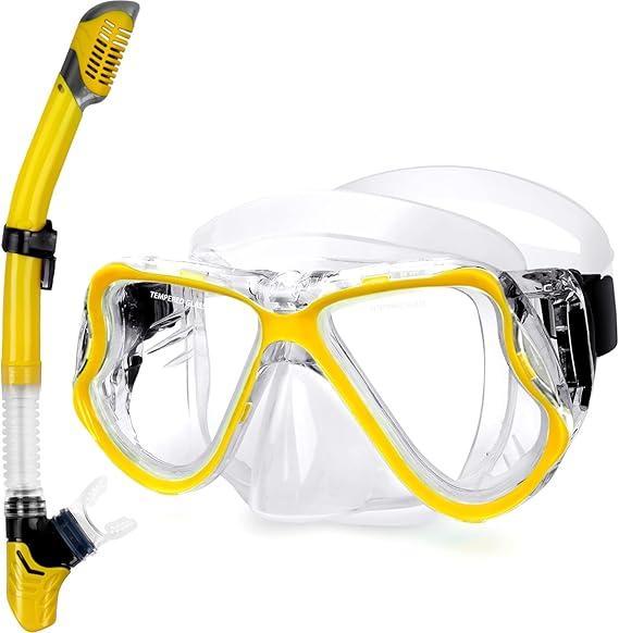 Greatever Dry Snorkel Set,Panoramic Wide View,Anti-Fog Scuba Diving Mask,Professional Snorkeling Gear (Adults, Yellow)