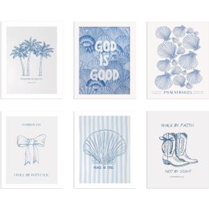 6Pcs Coastal Christian Wall Art Posters Bible Verse Canvas Wall Decor Blue Seashell Scripture Prints Pictures Preppy Aesthetic Paintings Religious Artwork for Girls Bedroom Bathroom 8x10 Inch Unframed