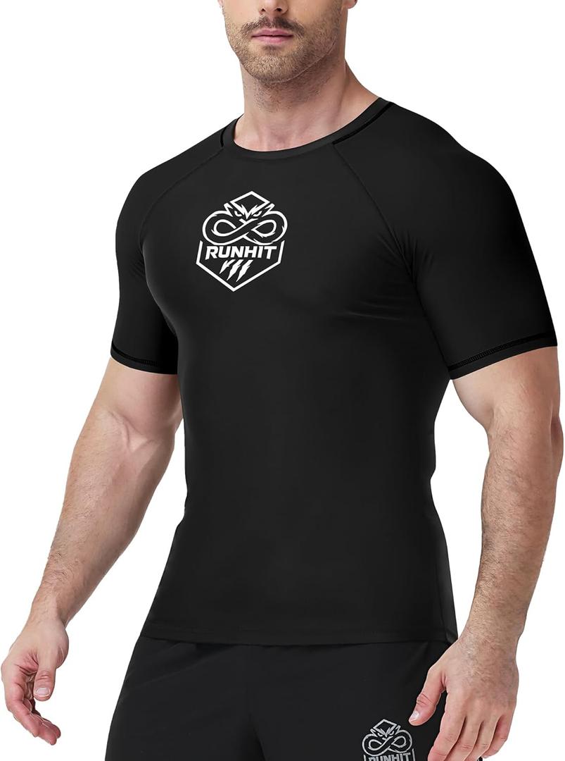 Runhit BJJ Rashguard for Men Jiu Jitsu Compression Shirts Short Sleeve MMA No GI Wrestling Grappling Martial Arts Sports Base Layer Black XL