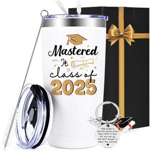 Qtencas 2025 Graduation Gifts, Mastered it Class of 2025, 20 oz Stainless Steel Travel Tumbler, High School Master PHD College Graduation gifts for Her Friends Classmates Daughter Niece, White