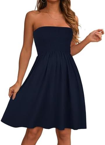 elescat Summer Dresses for Women 2026 Strapless Casual Beach Cover Ups Tube Top Sundress,S
