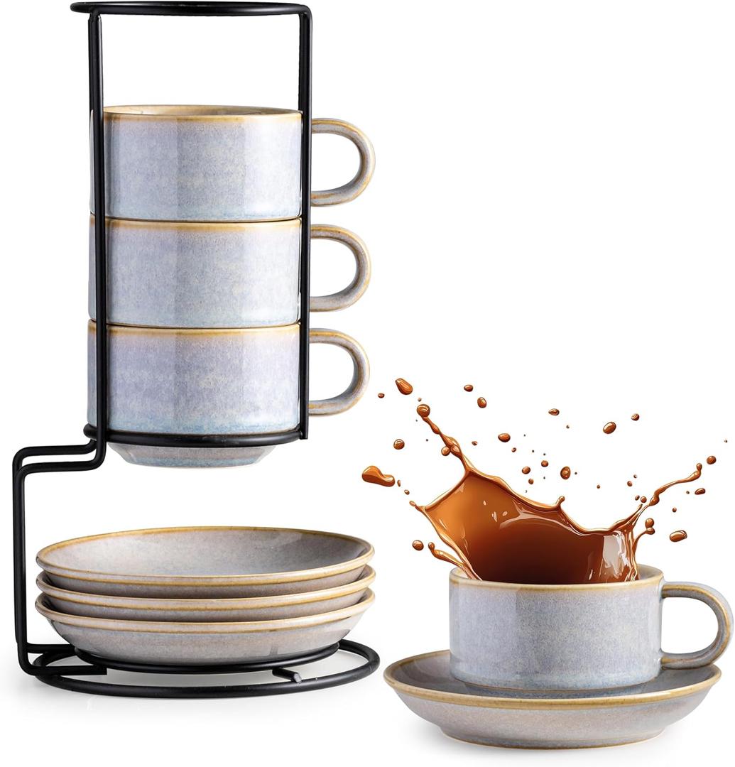 Gomakren 6 Ounce Cappuccino Cups with Saucers and Metal Stand, Stackable Coffee Cup Set of 4, Mothers Day Porcelain Espresso Cups for Coffee Drinks, Cappuccino, Latte, Americano, Tea, Gray