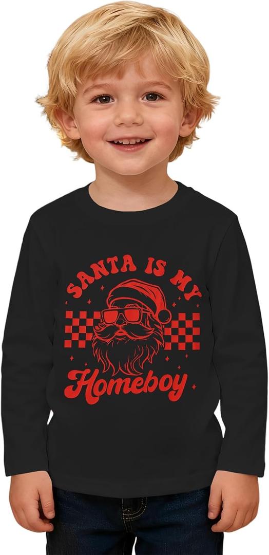 BOUTIKOME Toddler Boys Christmas Shirts Baby Santa is My Homeboy Tees Long Sleeve T-Shirt Holidays Tops Clothes Xmas Outfits (Black)