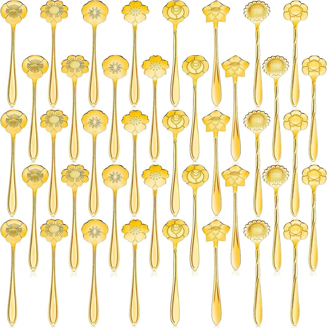Eboot 40 Pcs Gold Flower Teaspoon Stainless Steel Tea Party Spoons Mini Cute Teaspoon Stirring Coffee Sugar Drink Demitasse Espresso Spoons for Bridal Shower Wedding Party Favors Decorations