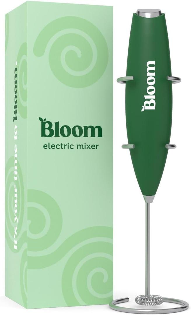 Bloom Nutrition Milk Frother, Hand Mixer, Electric, Handheld Drink Stirrer, Frothing Wand, Foam Maker for Coffee, Matcha, Protein, Greens, Stainless Steel, Battery Operated, Includes Whisk Stand