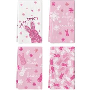 Artoid Mode Pink Rabbit Flowers Bless Our Home Happy Easter Spring Kitchen Towels Dish Towels, 18x26 Inch Farmhouse Summer Decoration Cleaning Set of 4