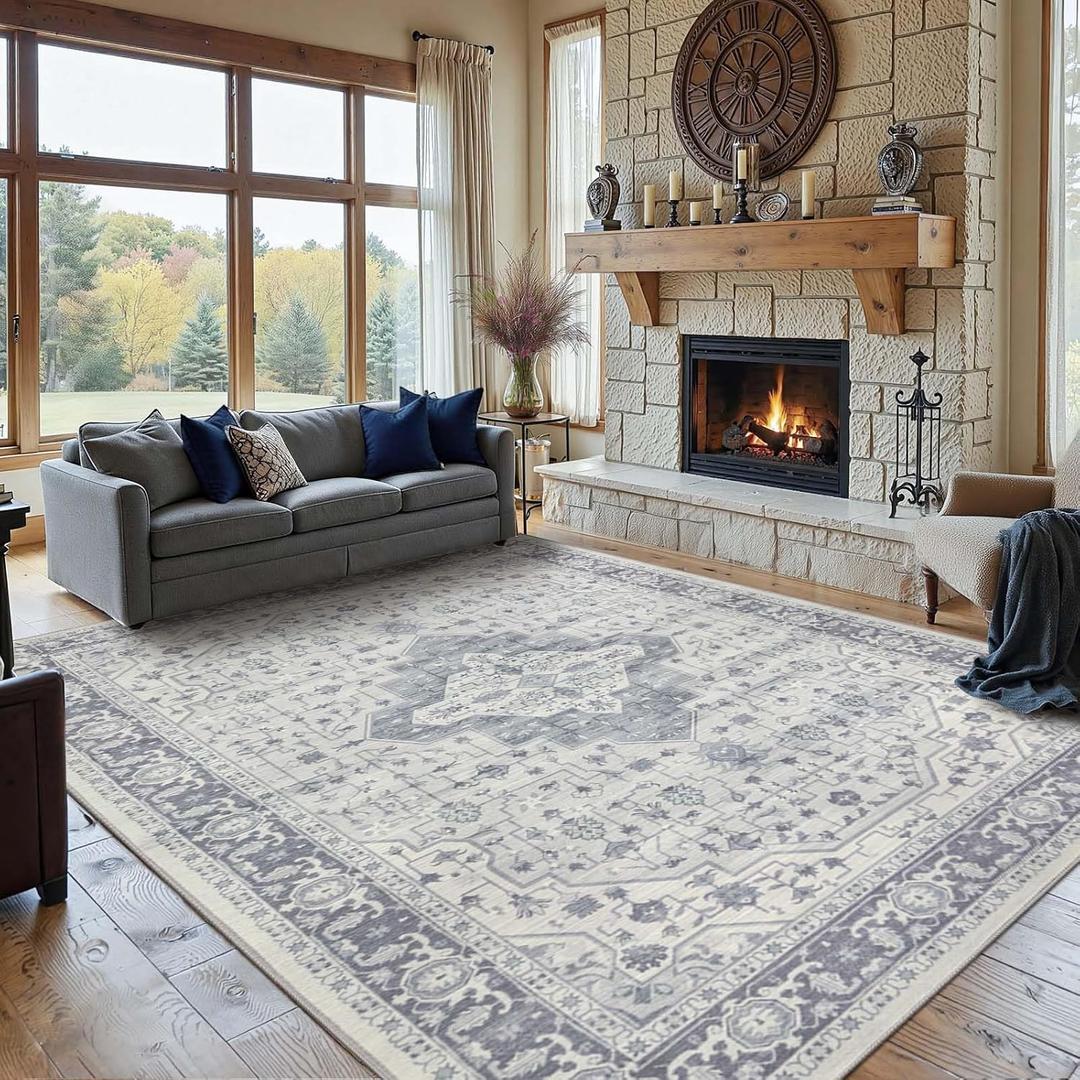 Rugxara 8x10 Washable Area Rug for Living Room, Extra Large Vintage Boho Rugs for Office, Kids Room, Farmhouse, Durable Low Pile Non Slip Carpet for High Traffic Areas,Blue Quartz