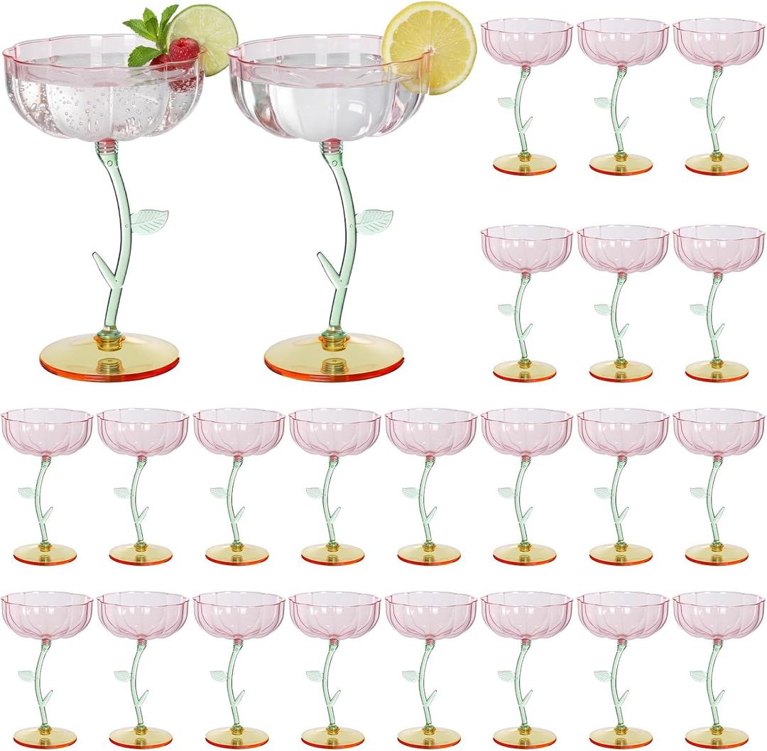 24 Pcs Flower Detachable Martini Glasses, 7oz Plastic Cocktail Glasses, Flower Edge Wavy Mimosa Champagne Glass Coupe Unbreakable Glassware for Wine Wedding Valentine Party(Pink)