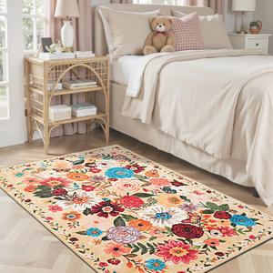 Floral Machine Washable Rug, 3x5 Rug Non Slip Soft Bedroom Rugs for Entryway Dorm, Ultra-Thin Rugs for Bedroom Stain Resistan(3 x 5, Yellow Garden)