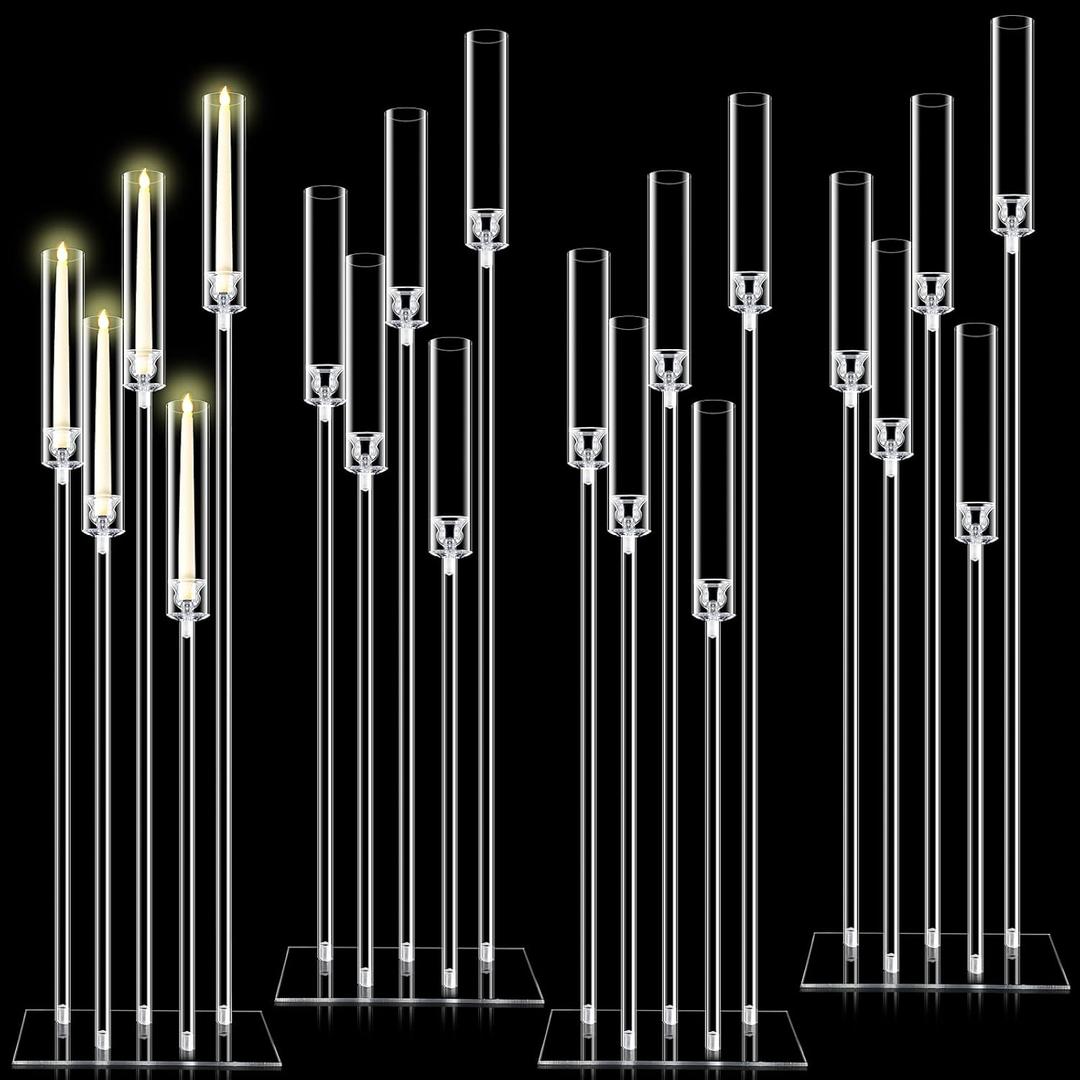 Tessco for you 4 Set 5 Arms Acrylic Candelabra Centerpieces 46.4'' Tall Clear Candle Holders Wedding Table Centerpiece Floor Candle Stand with Acrylic Shade Fit 0.8'' LED Candles for Home Party