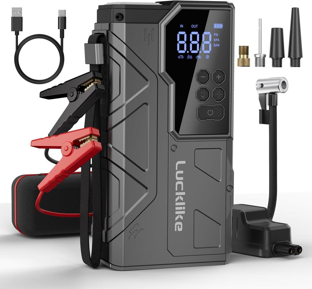 Lucklike Jump Starter with Air Compressor, 4000A Portable Car Battery Jumper Starter Pack for 10L Gas and 8L Diesel, Tire Inflator with Presssure Detection, 12V Jump Box with 3 Modes Flashlight