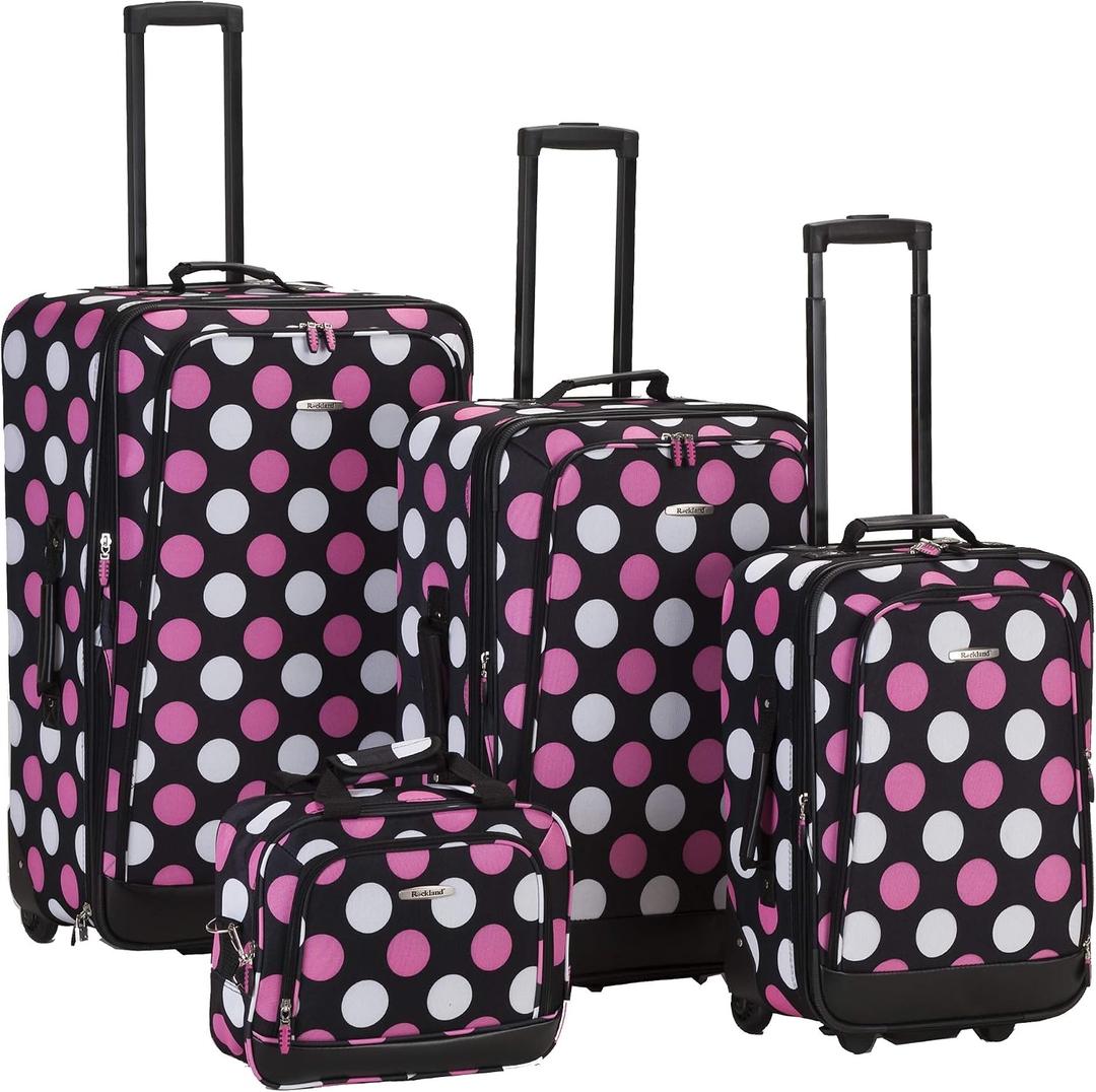 Rockland Escape 4-Piece Softside Upright Luggage Set, Telescoping Handles, Multi/Pink Dot, (14/19/24/28)
