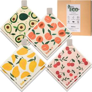 Swedish Dishcloths for Kitchen, 8 Pack Reusable Paper Towels with Clips, Non-Scratch Swedish Kitchen Towels, Super Absorbent Cellulose Sponge Cloths, Dishwasher Safe, No Odor (Fruit Party)