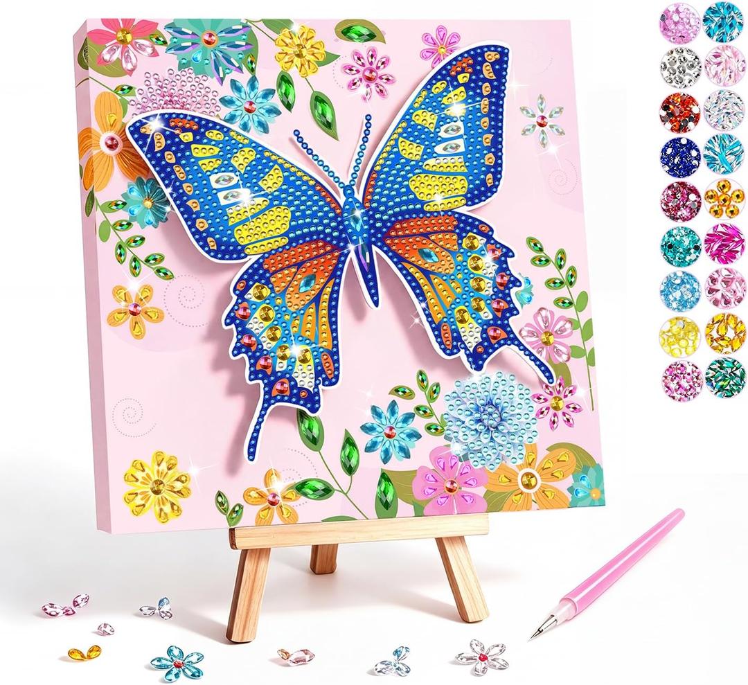 Butterfly Diamond Painting Kit with Frame, Gem Art for Kids DIY Craft, 8.5 x 8.3 inches