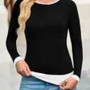 Cicy Bell Womens Long Sleeve Tops Patchwork Crewneck Slim Fit Shirts Going Out Casual Fall Basic Tees (Black, M)