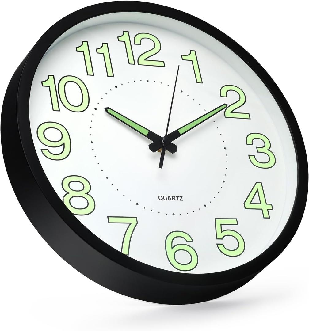 Bakbrand Night Light Wall Clock 12 Inch Non-Ticking Silent Luminous Decor Clock White Round Glow in The Dark Battery Operated Wall Clocks for Home/Garage/Office/Living Room/Bedroom/Kitchen