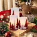 Eldnacele Christmas Flickering Flameless Candles with 6 Hour Timer, Red Christmas Tree Decal Battery Operated Real Wax LED Pillar Candles Home Tabletop Holiday Decor(3Pcs,34/5/6 Inches)