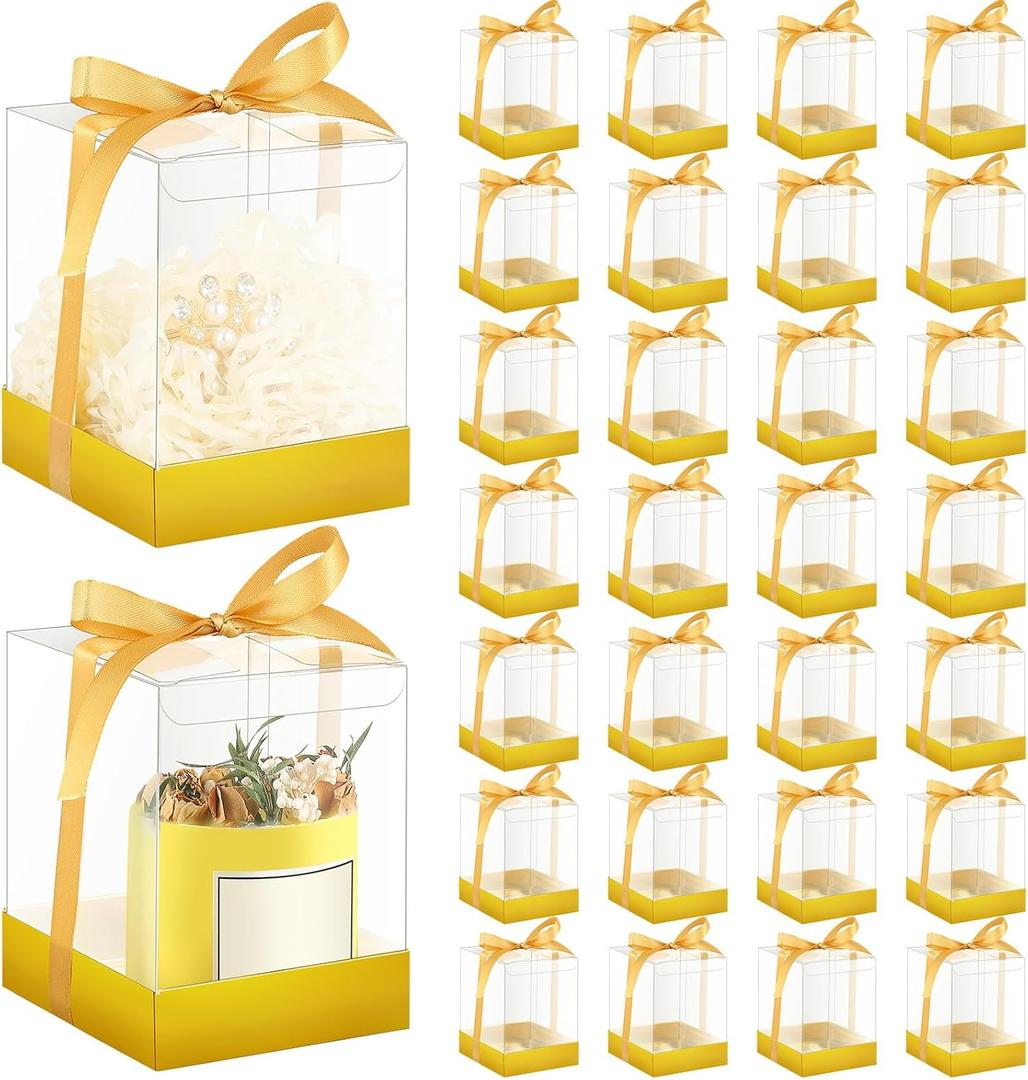 Cunno 36 Set 3.5 x 3.5 x 4.3 in Candle Gift Package Valentine's Transparent Box 4-18 oz Handmade Tealight Candle Holder Paper Bottom Ribbon for Wedding Baby Shower Party Mug(Gold)