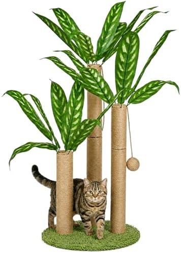 LEMONDA 31.5Inch Cat Scratching Post,Cat Scratcher Tree with 3 Scratching Poles & 2 Interactive Dangling Balls,Cats Scratching Posts for Indoor Kitten & Adult Cats