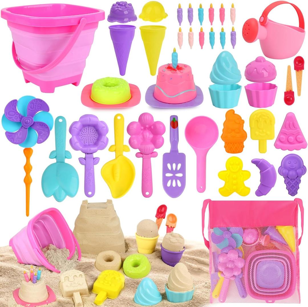 Dreamon Collapsible Beach Toys Set for Kids 3-10, Collapsible Sand Bucket Shovels Set with Mesh Bag and Beach Molds, Ice Cream Sand Toys for Beach, Sandbox Travel Toys for Kids Toddlers Girls
