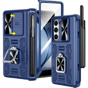 VEGO for Samsung Fold 5 Case with S Pen Holder, [Hinge Protection][360°Ring Magnetic Kickstand][Slide Camera Cover][Front Screen Protector] Protective Case for Galaxy Z Fold 5 5G - Midnight Blue