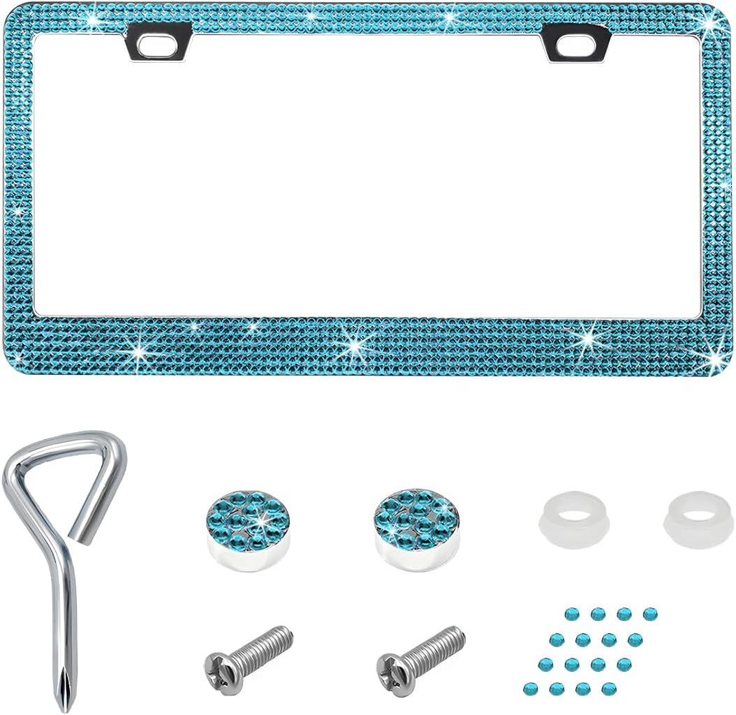 Bling License Plate Frame, Stainless Steel Glitter Crystal Diamond License Plate Cover Holder, Sparkly Bedazzled Rhinestone Car Tag Covers for Women, Car Accessories (Blue) (1PCS)