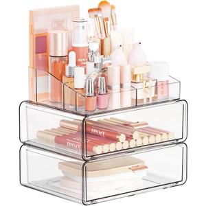 Yieach Clear Acrylic Makeup Organizer Countertop With Drawer,3 Tier Large Skincare Organizer for Vanity, Plastic Bathroom Cosmetic Storage Organizer for Lipstick, Makeup Brush, Palette, Beauty Products
