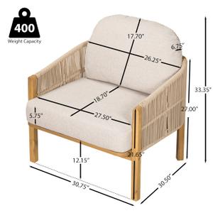 Merax Patio Chair, Acacia Wood Outdoor Club Chair with Cozy 5.75" Thick Cushion & Rope-Weave Backrest, Bohe Style Patio Dining Armchair Chairs for Garden Balcony Outside Dining Relax, Beige