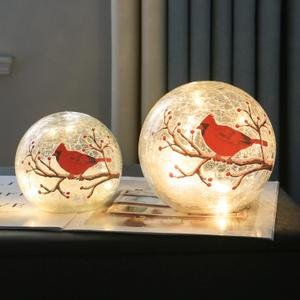 Large Crackle Glass Ball Cardinal Lamp, Light Up Red Cardinal Stained Glass Christmas Decor Accent Lamp, Lighted Red Bird Globe Table Light, Led Sphere Desk Lamp (5")