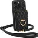 ZVE for iPhone 15 Pro Max Wallet Case for Women, Crossbody Wrist Strap Protective Leather Lanyard with Ring Holder Flip Cover 6.7 Inch-Black