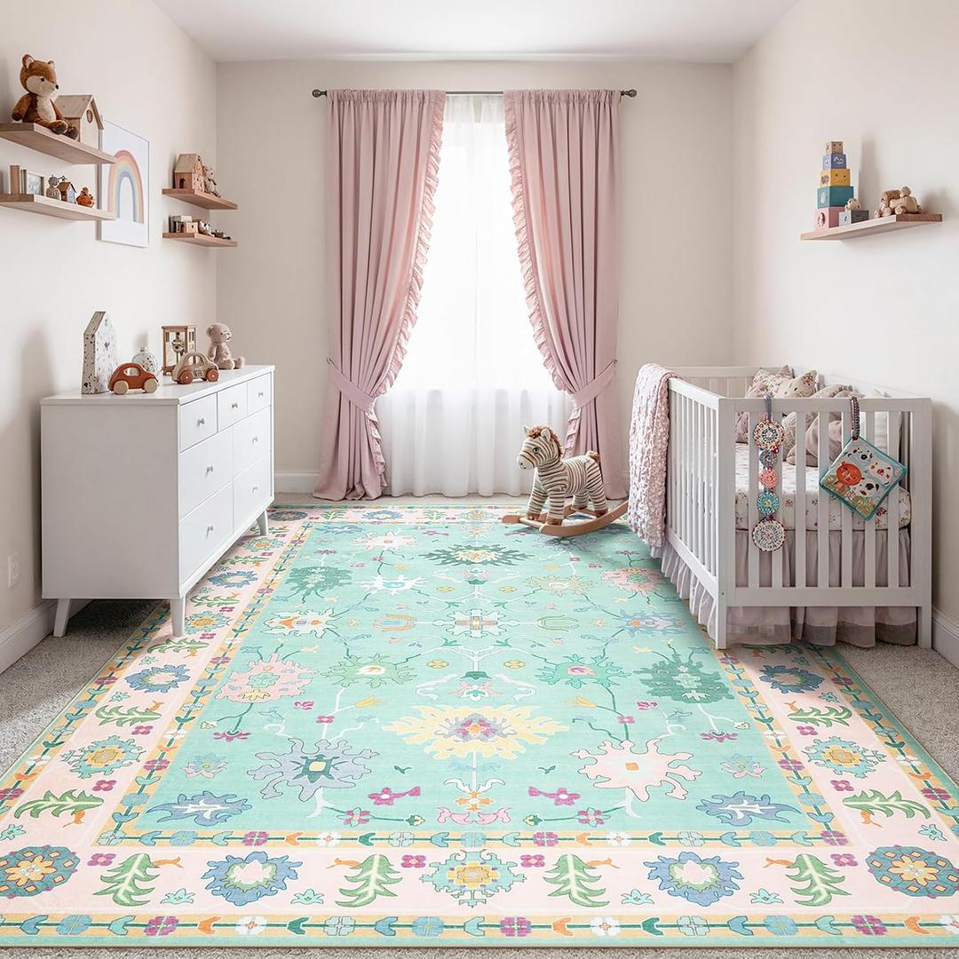 LIVEBOX Washable Oushak Pink Boho Area Rug, 8x10 Machine Washable Rugs for Bedroom Girls Living Room, Soft Blush Floral Non Slip Turkish Pastel Thin Floor Carpet for Classroom Playroom Home Decor