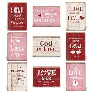Yousoontic 9 Pcs Christian Valentine's Day Decor Bible Verse Religious Jesus Table Decorations Wood Block Sign Rustic Valentines Love Tiered Tray Decor for Church Home Shelf Table Top(Vintage)