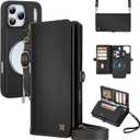 for Wallet Case Compatible with iPhone 17 Pro Max,Multi-Function Detachable 2 in 1 Magnetic iPhone 17 Pro Max Case Wallet,Flip Strap Zipper Card Holder Phone Case with Shoulder Straps (Black)