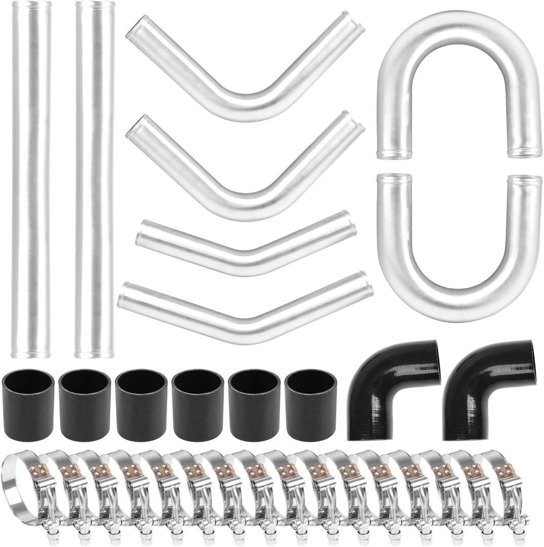 2.5 Inch Universal Aluminum Turbo Intercooler Piping U-Pipe Kit 600mm Aluminum Pipe + 8 Elbow Hose+ 16 Clamps Kit 8PCS