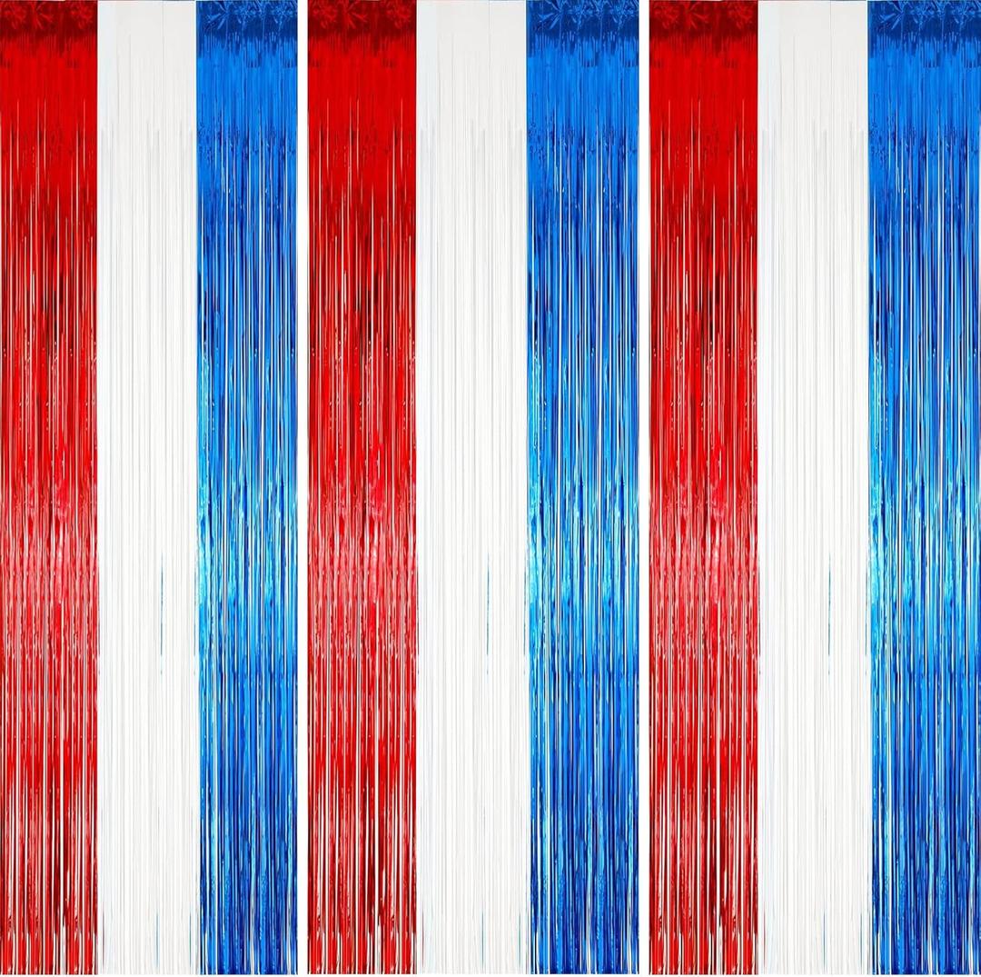 Tayuvira 4th of July Streamers Red White and Blue, Fourth of July Decorations, Pack of 2 Tinsel Foil Fringe Curtains, Photo Booth Prop Party Backdrop for Patriotic Memorial Day, Independence Day, Labor Day,