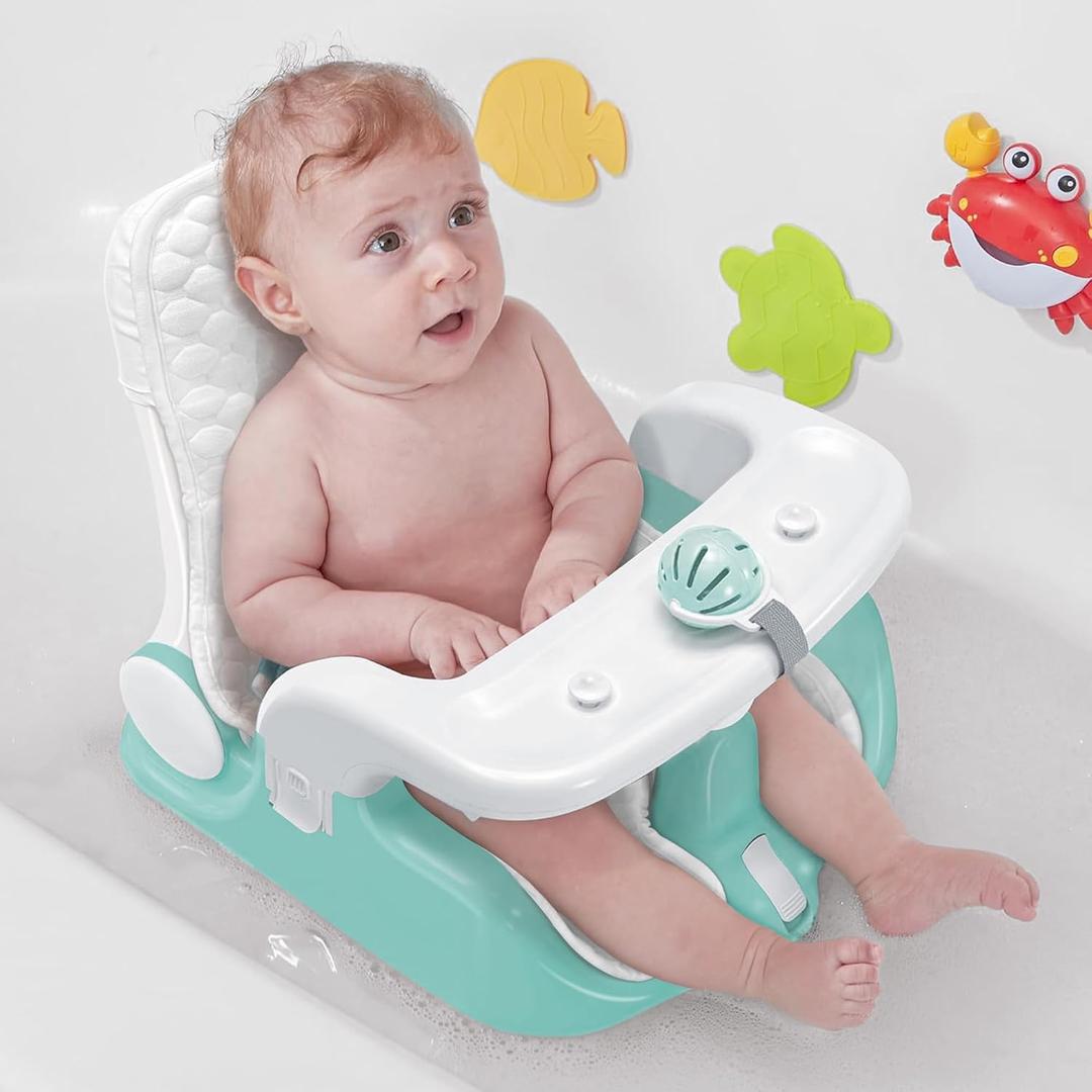 BabyBond Baby Bath Seat with Sitting & Lying 2 Modes, 3-Speed Adjustment, Powerful Suction Cups, Infant Bathtub Chair with Soft and Comfortable Towel, Folding and Hanging (Green)
