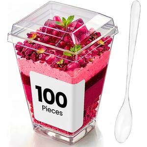 100 pack 5 oz Plastic mini Dessert Cups with Lids and Spoons Parfait Cups with Lids Yogurt and Appetizer dessert shooter cups for Party, Pudding, Ice Cream, Fruit, BPA Free Clear Recyclable.