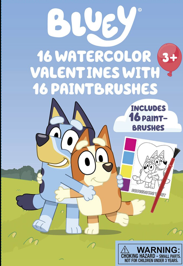 Bluey Valentine's 16 Watercolor Valentines With 16 Paintbrushes, Pack of 3