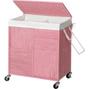 WOWLIVE Double Laundry Hamper with Lid, Handwoven Rolling Laundry Basket with Wheels, 115L Dirty Clothes Hamper with Removable Liner Bag Large Capacity Laundry Sorter Laundry Room Organization,Pink