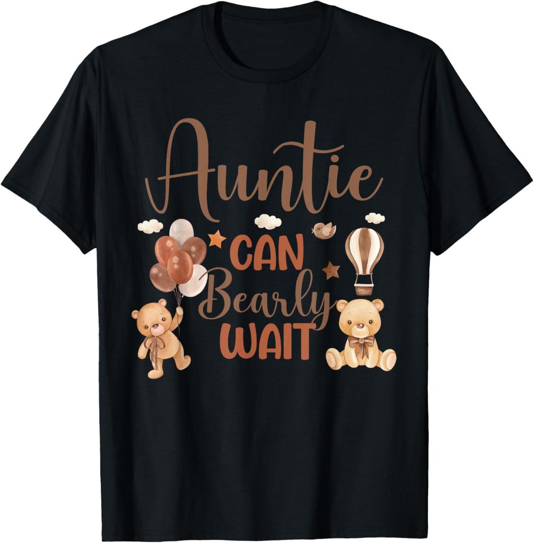 Auntie Can Bearly Wait Bear Gender Neutral Boy Baby Shower T-Shirt (Small, Black)
