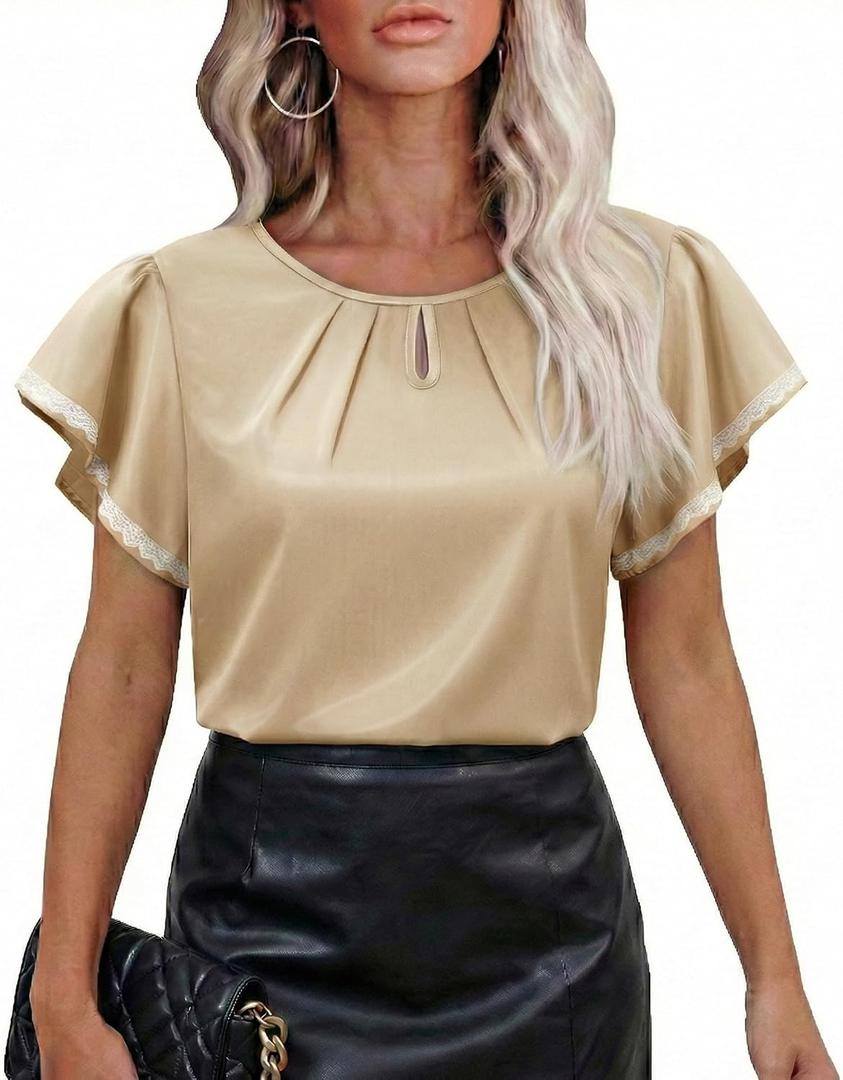 siliteelon Blouses for Women Business Casual Tops for Women Ruffle Short Sleeve Flowy Satin Silk Work Trendy Elegant Summer (L)