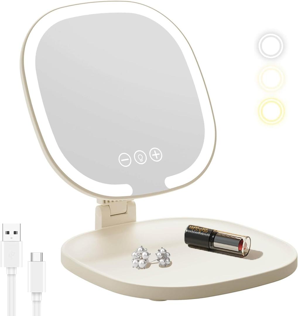 Rechargeable LED Travel Makeup Mirror, 3-Color Lighting, Dimmable Touch Screen, Multi Angle Adjustable, Foldable and Portable Desktop Vanity Mirror with Storage Tray (Creamy)