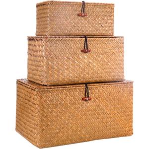 Decorative Wicker Storage Bins with Lids,Woven Seagrass Storage Baskets for Kids Toys,Shelves, Bathroom, Bedroom,Set of 3 Stackable Storage Boxes Large, Medium, Small