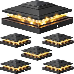 APONUO Solar Post Cap Lights 6-Pack, Black IP64 Waterproof 16 LED Fence Post Solar Lights for 4x4 5x5 6x6 Wood/Vinyl Posts, 2-Mode Deck Post Lights Solar Powered, 10-Hr Lighting for Patio Yard Porch