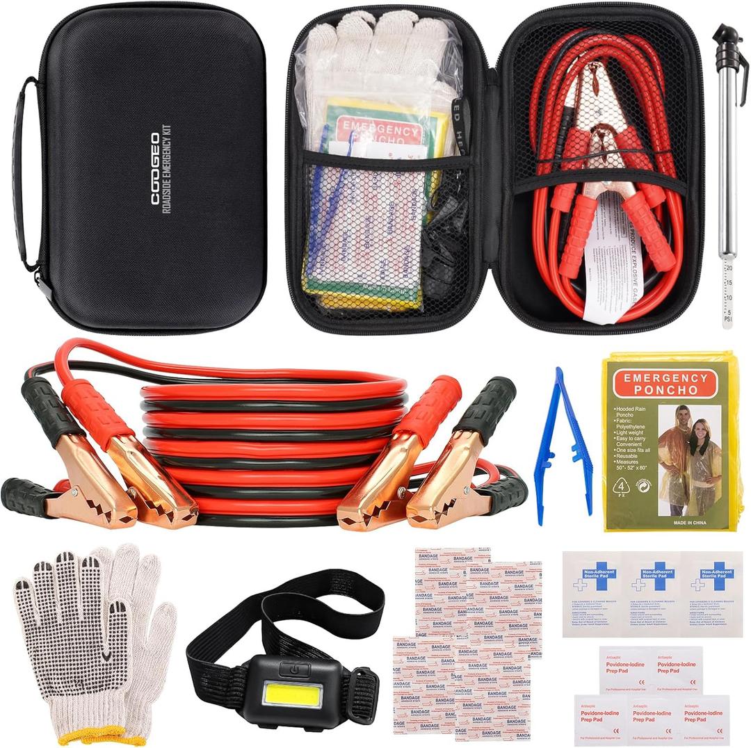 Car Emergency Kit with Battery Jumper Cables, Black